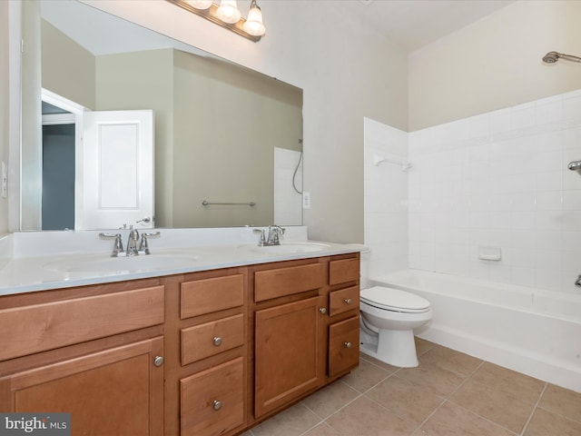 full bathroom featuring vanity, toilet, shower / bath combination, and tile patterned floors