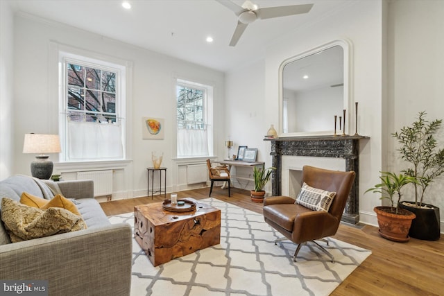 living area featuring ceiling fan, a premium fireplace, radiator heating unit, and wood-type flooring