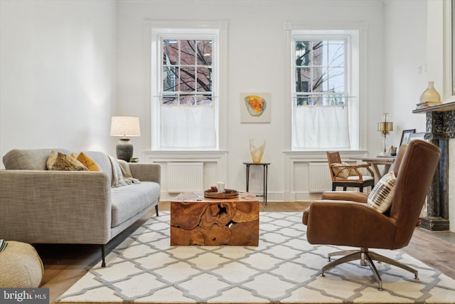 sitting room with light wood-type flooring and radiator heating unit