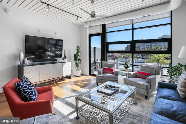 living room featuring ceiling fan, hardwood / wood-style floors, plenty of natural light, and rail lighting