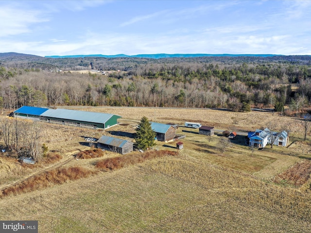 drone / aerial view featuring a mountain view and a view of trees