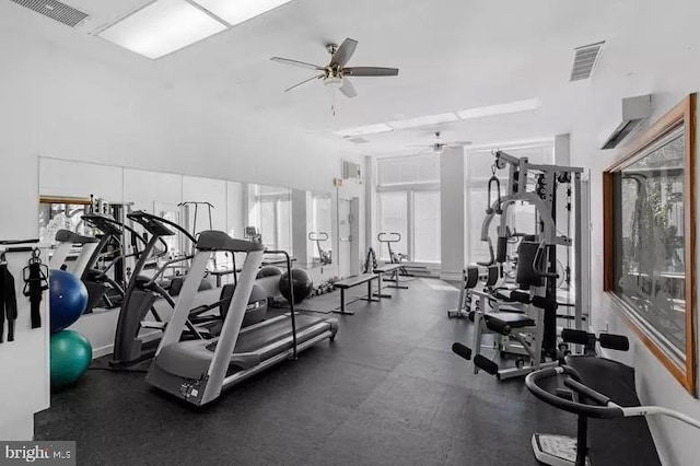 exercise room with ceiling fan