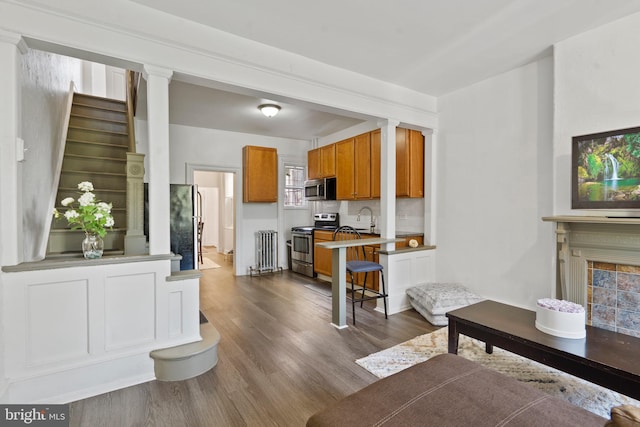 living room with sink, radiator heating unit, and dark hardwood / wood-style floors