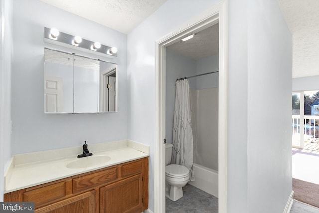 full bathroom with toilet, a textured ceiling, shower / tub combo with curtain, and vanity