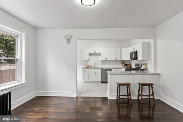 kitchen with kitchen peninsula, decorative backsplash, white cabinetry, stainless steel appliances, and radiator heating unit