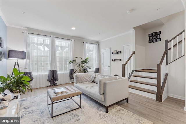 living room with ornamental molding and light hardwood / wood-style flooring