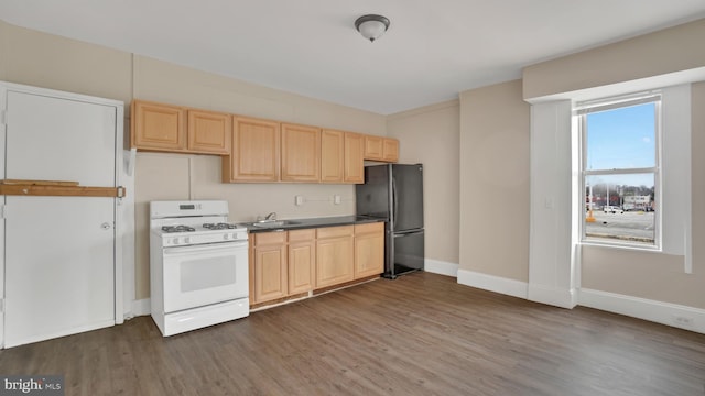 kitchen with stainless steel refrigerator, dark hardwood / wood-style flooring, light brown cabinetry, sink, and white gas range