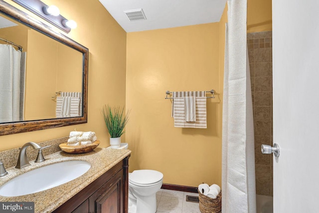 bathroom featuring toilet, tile patterned flooring, a shower with curtain, and vanity