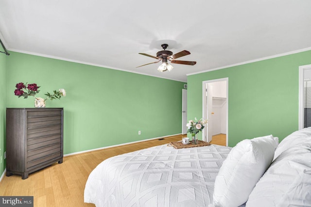 bedroom with a closet, light wood-type flooring, crown molding, ceiling fan, and a spacious closet