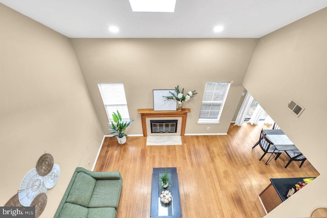 living room featuring wood-type flooring, a skylight, and plenty of natural light