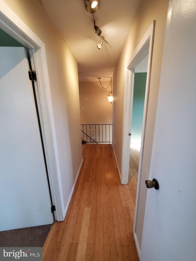 hall featuring light hardwood / wood-style flooring and rail lighting