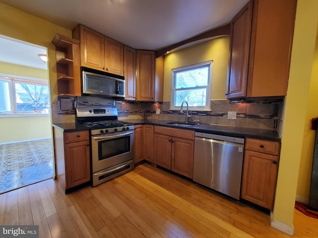 kitchen featuring stainless steel appliances, sink, tasteful backsplash, and light hardwood / wood-style flooring