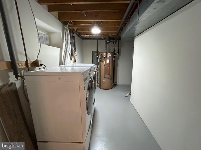 laundry room with electric water heater and washer and clothes dryer