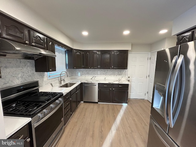 kitchen featuring backsplash, appliances with stainless steel finishes, sink, and dark brown cabinets