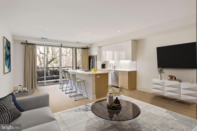 living room featuring sink and light wood-type flooring