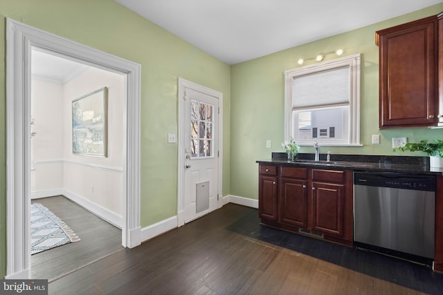 kitchen featuring sink, dishwasher, and dark hardwood / wood-style floors