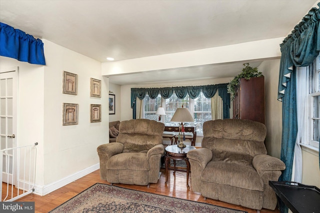 living area featuring baseboards and wood finished floors