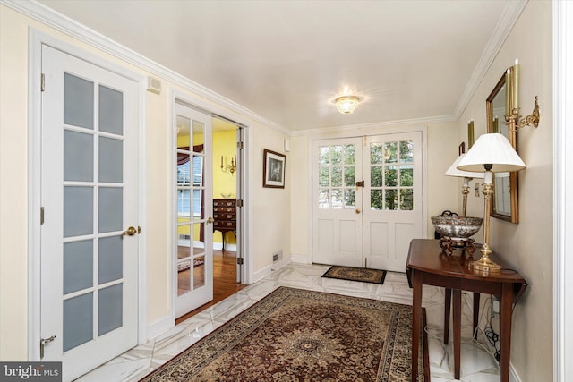 doorway with french doors, marble finish floor, visible vents, ornamental molding, and baseboards