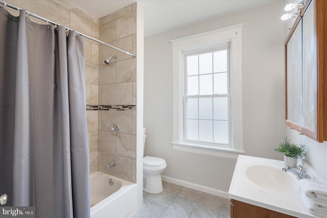 full bathroom with toilet, tile patterned flooring, vanity, and shower / bath combo with shower curtain