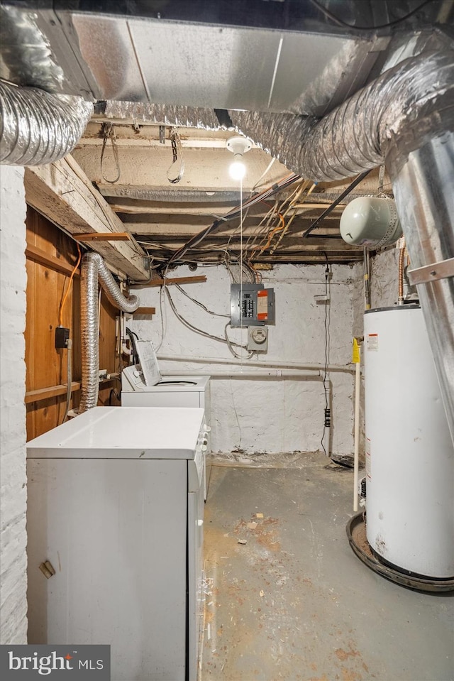 basement with washer / clothes dryer, water heater, and electric panel