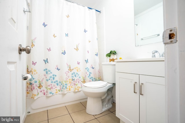 full bathroom with toilet, shower / bath combo with shower curtain, tile patterned floors, ornamental molding, and vanity