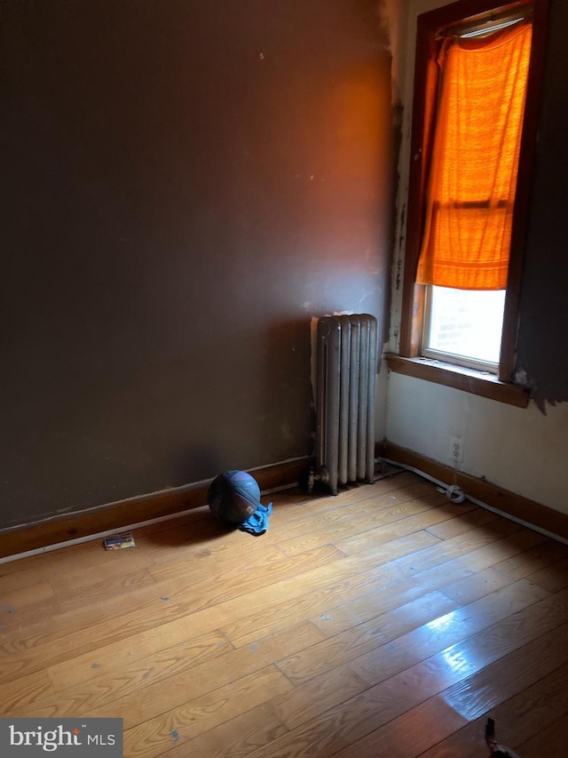 unfurnished room featuring light wood-type flooring and radiator