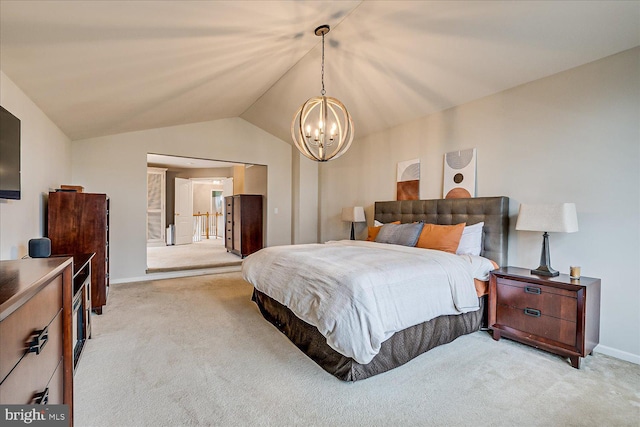 bedroom with light carpet, a notable chandelier, and vaulted ceiling