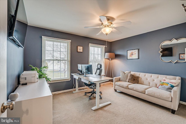 office area with ceiling fan and carpet floors