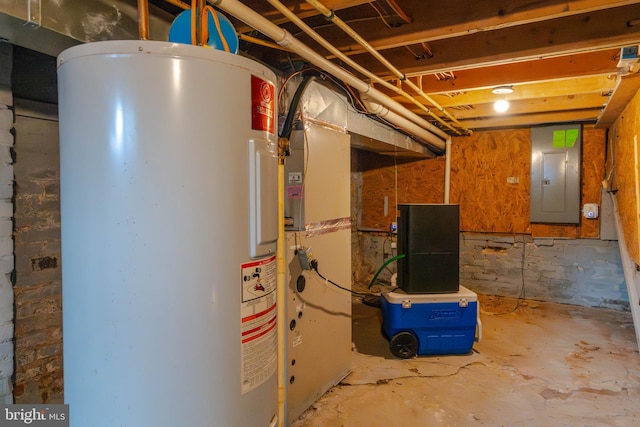 utility room with electric panel and electric water heater