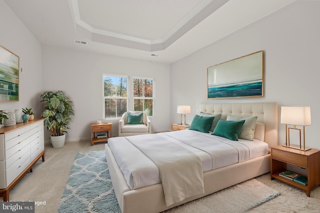 carpeted bedroom featuring crown molding and a raised ceiling