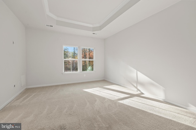 unfurnished room featuring a raised ceiling, light colored carpet, and crown molding