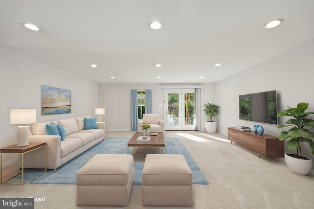 carpeted living room featuring french doors