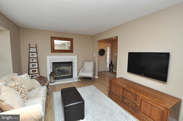 living room with light wood-type flooring and a high end fireplace