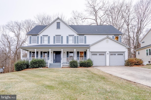 view of front of home with a front lawn, covered porch, an attached garage, and concrete driveway