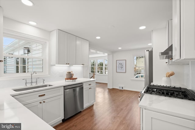 kitchen with stainless steel appliances, dark hardwood / wood-style floors, sink, white cabinetry, and range hood