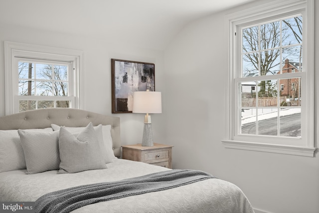 bedroom featuring lofted ceiling