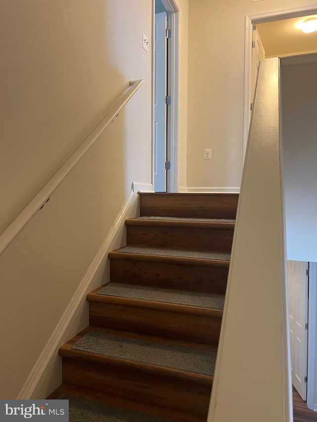 staircase with hardwood / wood-style flooring