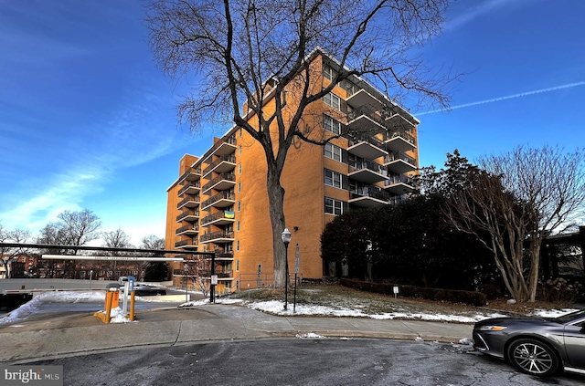 view of snow covered building