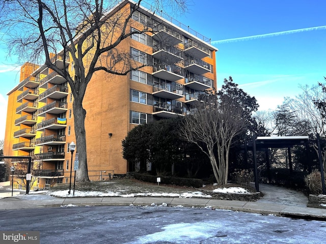 view of snow covered building