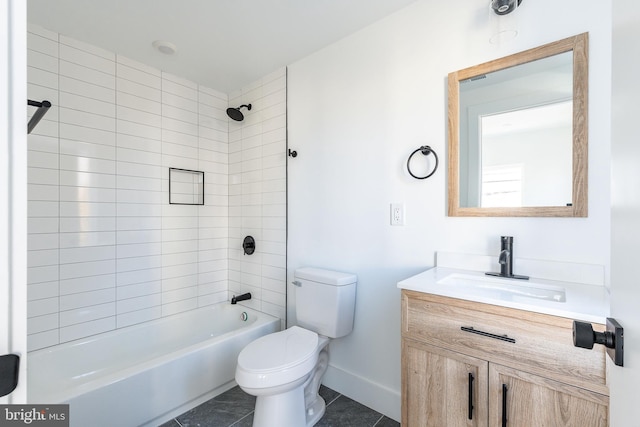 full bathroom featuring toilet, tiled shower / bath combo, tile patterned floors, and vanity