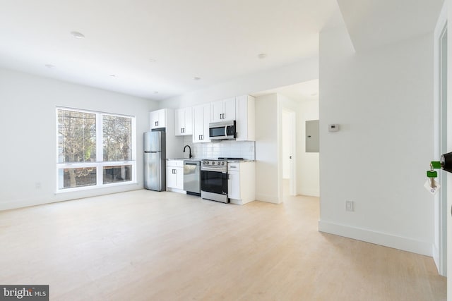 kitchen featuring electric panel, stainless steel appliances, light hardwood / wood-style floors, decorative backsplash, and white cabinets