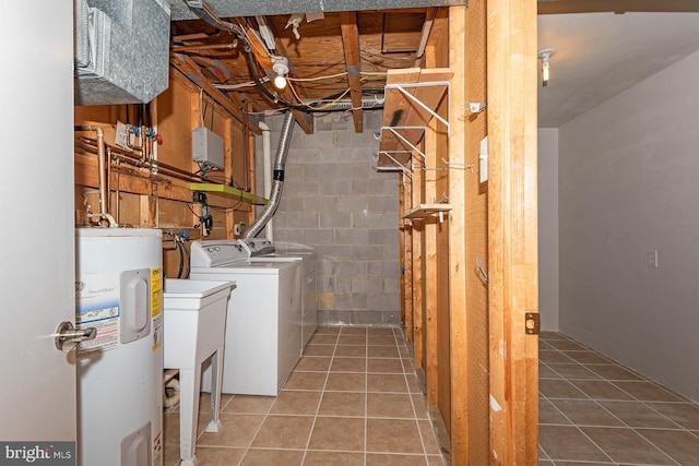 clothes washing area featuring sink, electric water heater, tile patterned floors, and washing machine and clothes dryer