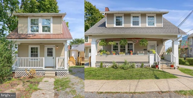 view of front of house featuring covered porch and a front yard