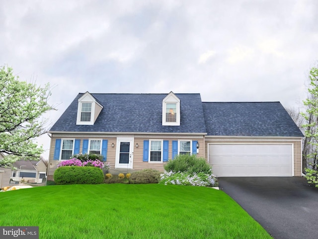 cape cod-style house featuring a garage and a front lawn