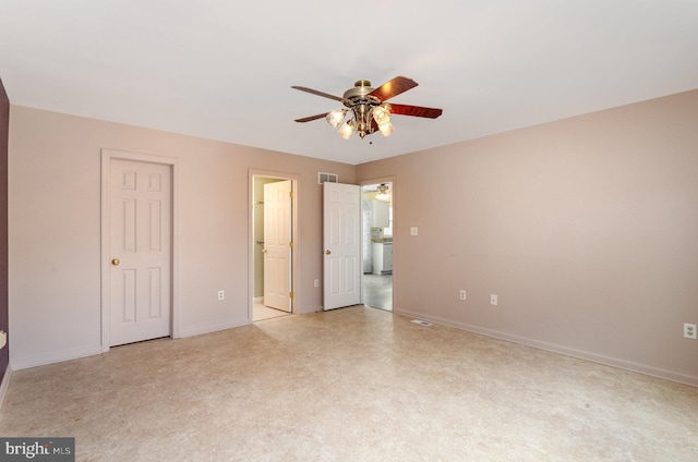 unfurnished bedroom featuring ceiling fan and ensuite bathroom