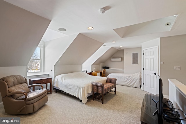 carpeted bedroom with vaulted ceiling and an AC wall unit