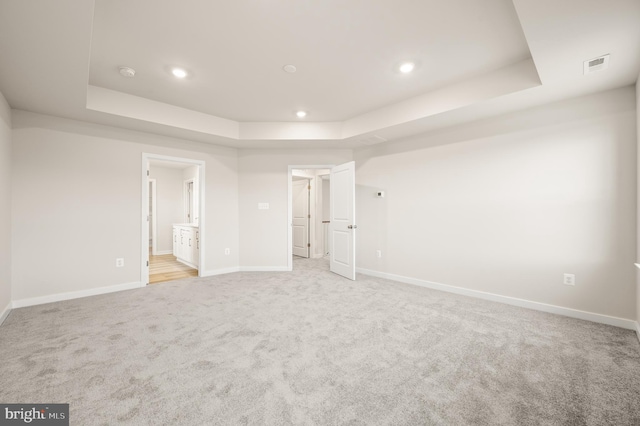 interior space with light colored carpet and a tray ceiling