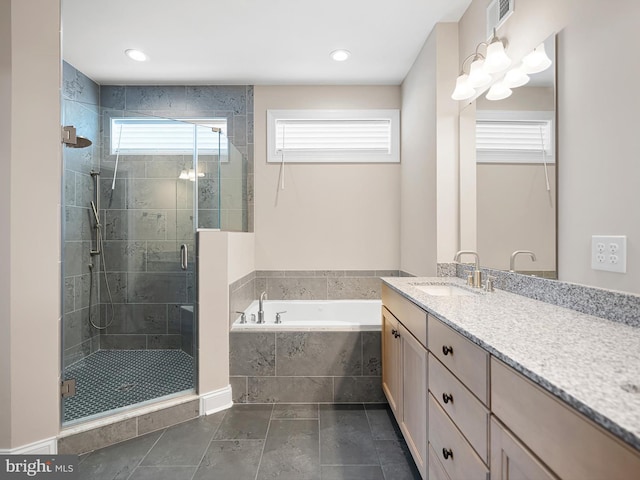 full bath with a garden tub, recessed lighting, visible vents, vanity, and a shower stall