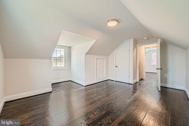 additional living space with vaulted ceiling and dark hardwood / wood-style floors