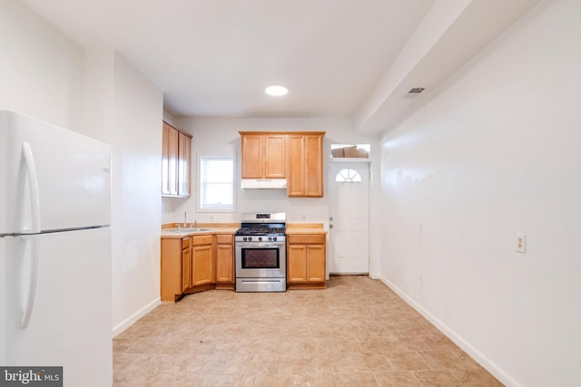 kitchen with sink, stainless steel range with gas stovetop, and white fridge